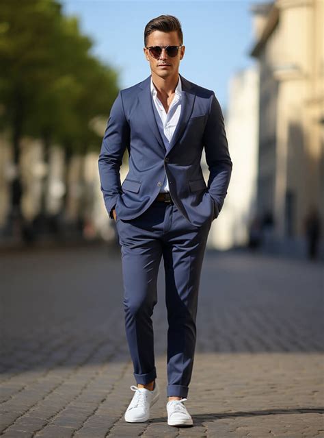 blue suit with white sneakers.